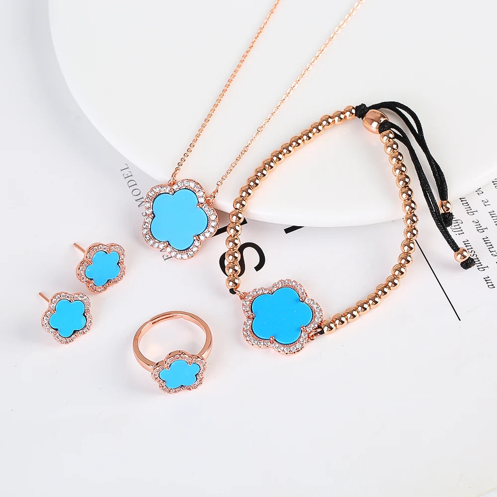 18K Gold Luxury High Quality Diamond Stainless Steel Chain Plant Flower Pendant Necklace Earrings Ring Bracelet Set