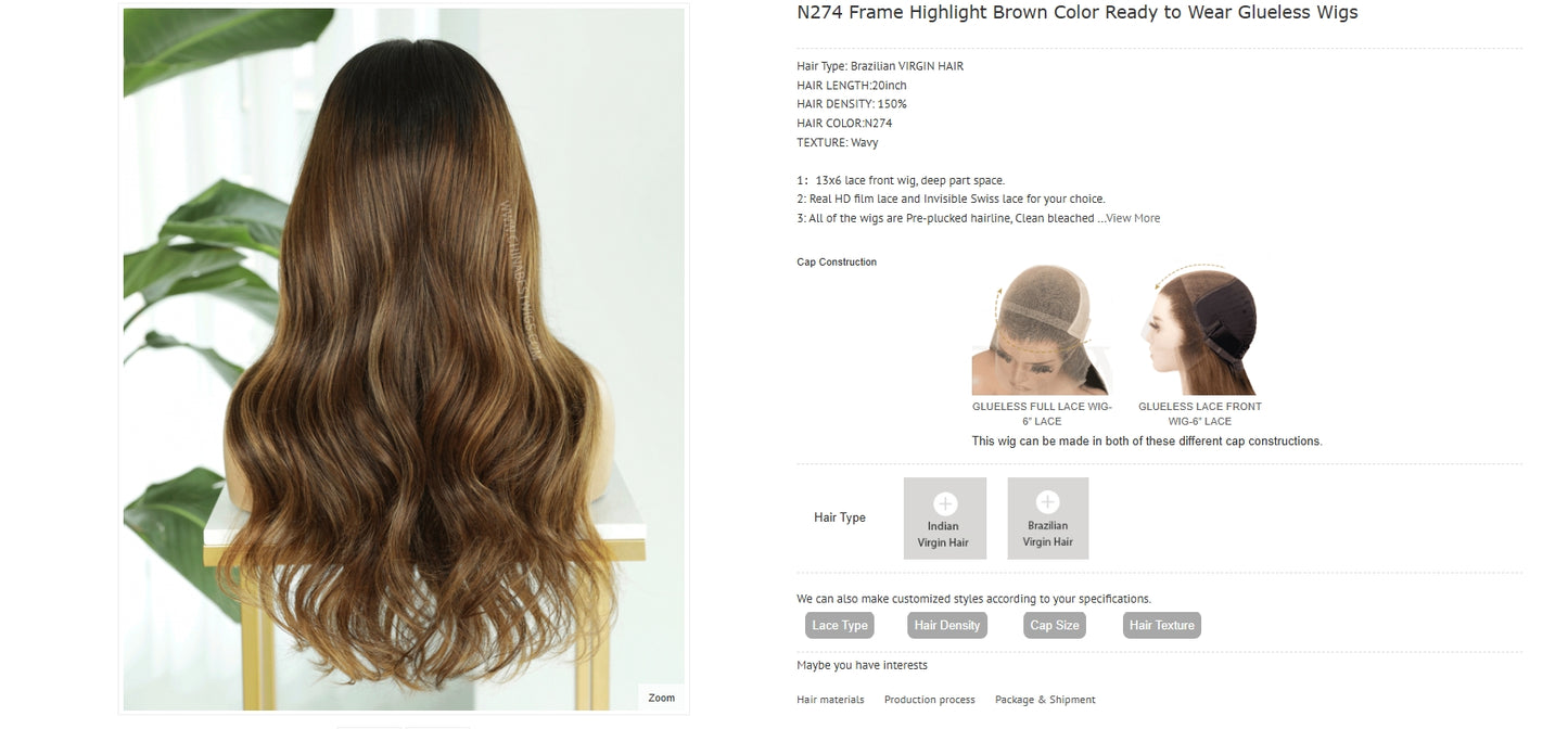 The Lillian Collection 13x6 Lace Front Wig - Indian Virgin Hair 16" N274 Wavy