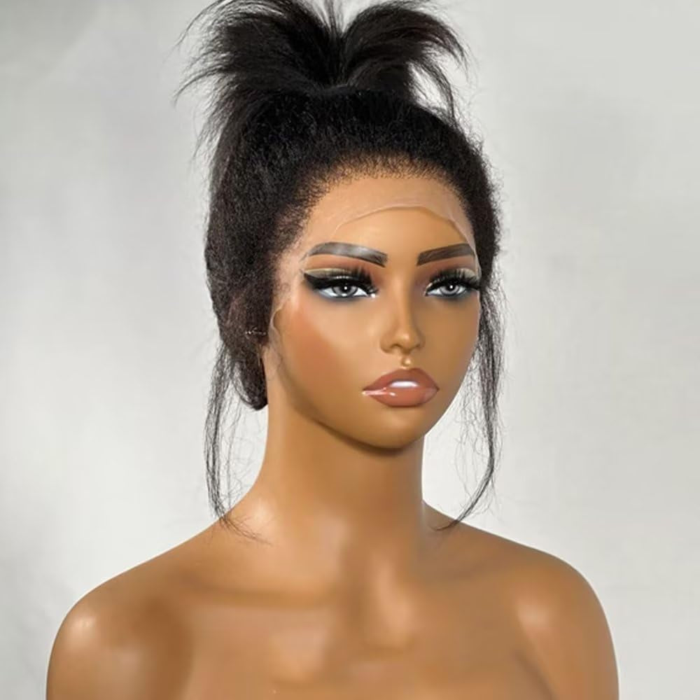 Kinky Straight 360 Lace Frontal Human Hair Wig Curly Edges Brazilian Transparent Lace Front Wig Pre Plucked with Baby Hair 150% Density Yaki Straight Wig Bleached Knots 12Inch