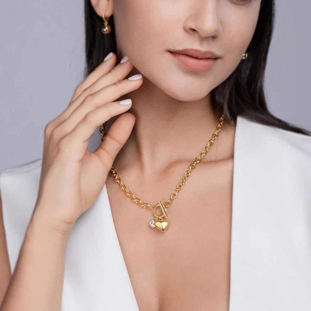 JIUZUAN Heart Pendant Chain Necklace 18K Gold Plated 925 Silver Toggle Clasp Design for Women Gift Comes with GRA Certificate