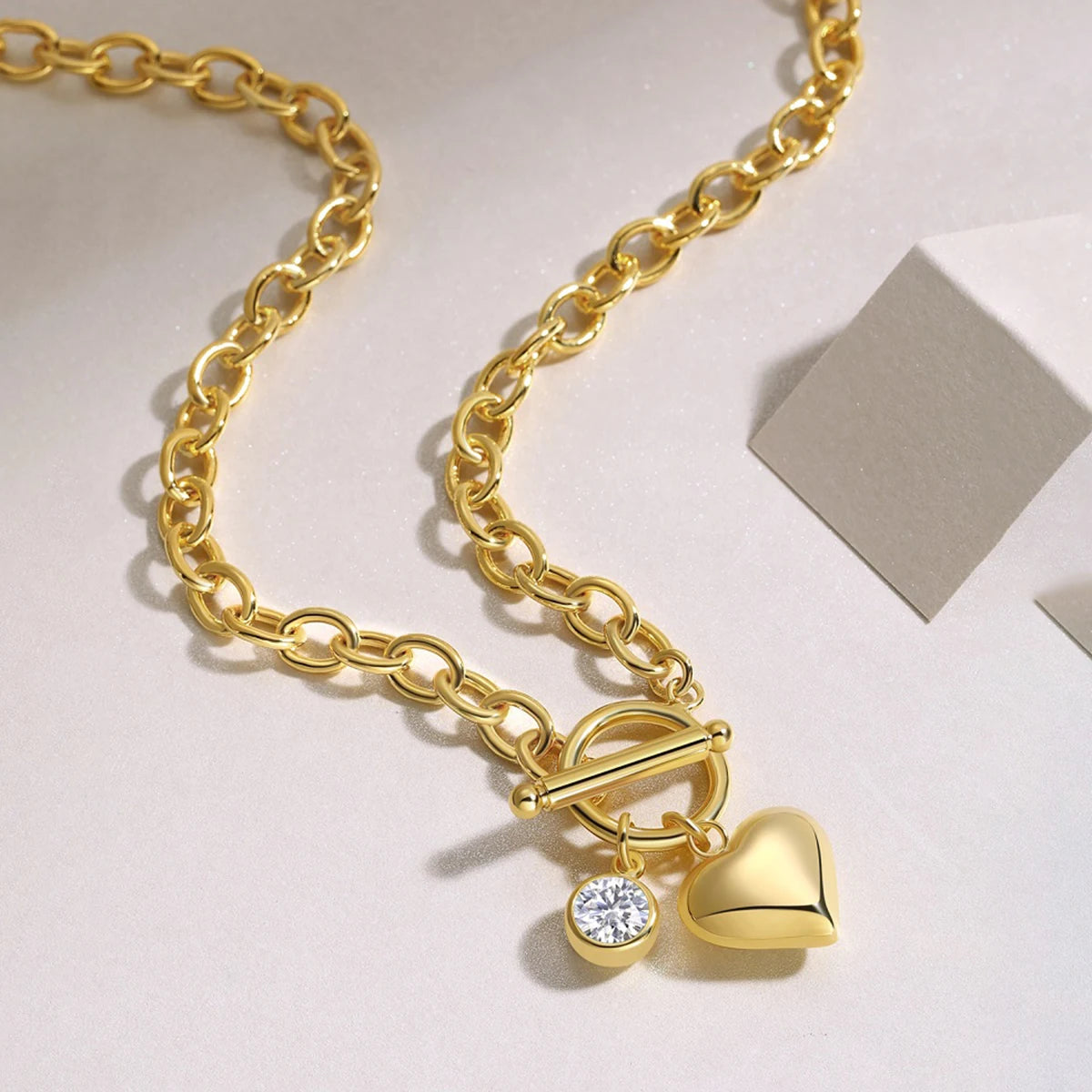 JIUZUAN Heart Pendant Chain Necklace 18K Gold Plated 925 Silver Toggle Clasp Design for Women Gift Comes with GRA Certificate