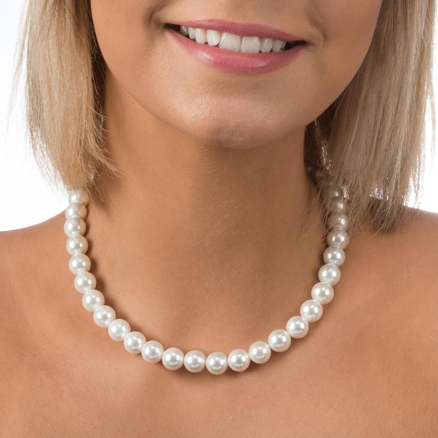 Sterling Silver round White Simulated Shell Pearl Necklace Strand | Pearl Choker Necklace | Jewelry for Women