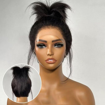 Kinky Straight 360 Lace Frontal Human Hair Wig Curly Edges Brazilian Transparent Lace Front Wig Pre Plucked with Baby Hair 150% Density Yaki Straight Wig Bleached Knots 12Inch