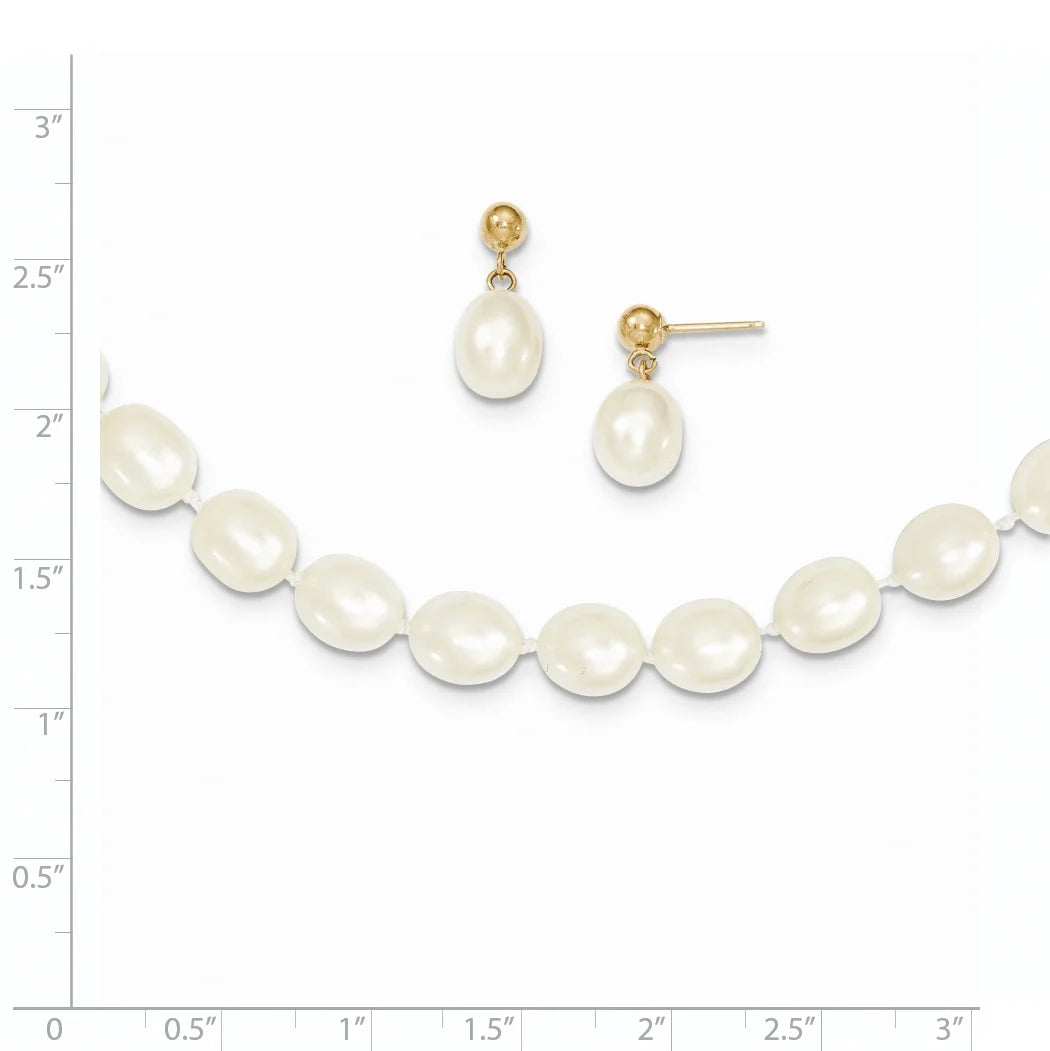 14K 7-8Mm White Rice Freshwater Cultured Pearl 18 Inch Necklace and Post Earring Set XF394SET