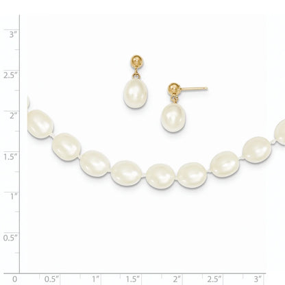 14K 7-8Mm White Rice Freshwater Cultured Pearl 18 Inch Necklace and Post Earring Set XF394SET