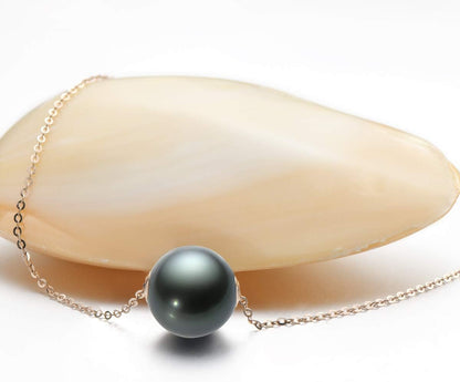 18K Gold Black Pearl Necklace for Women, 10-11Mm Tahitian Cultured Floating Pearl Pendant Chain Necklace Birthday Anniversary Christmas Jewelry Gift for Wife Mom