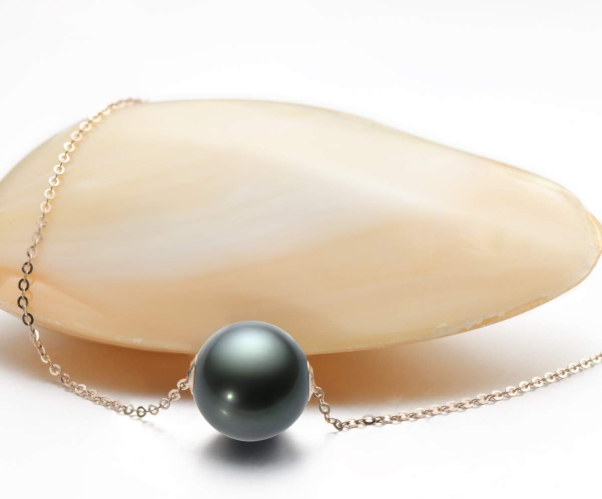 18K Gold Black Pearl Necklace for Women, 10-11Mm Tahitian Cultured Floating Pearl Pendant Chain Necklace Birthday Anniversary Christmas Jewelry Gift for Wife Mom