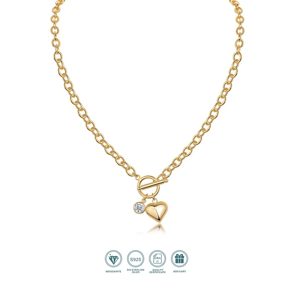 JIUZUAN Heart Pendant Chain Necklace 18K Gold Plated 925 Silver Toggle Clasp Design for Women Gift Comes with GRA Certificate