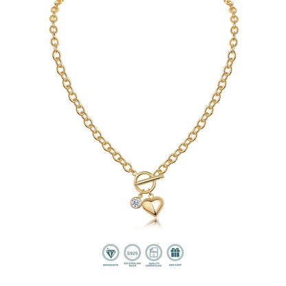 JIUZUAN Heart Pendant Chain Necklace 18K Gold Plated 925 Silver Toggle Clasp Design for Women Gift Comes with GRA Certificate