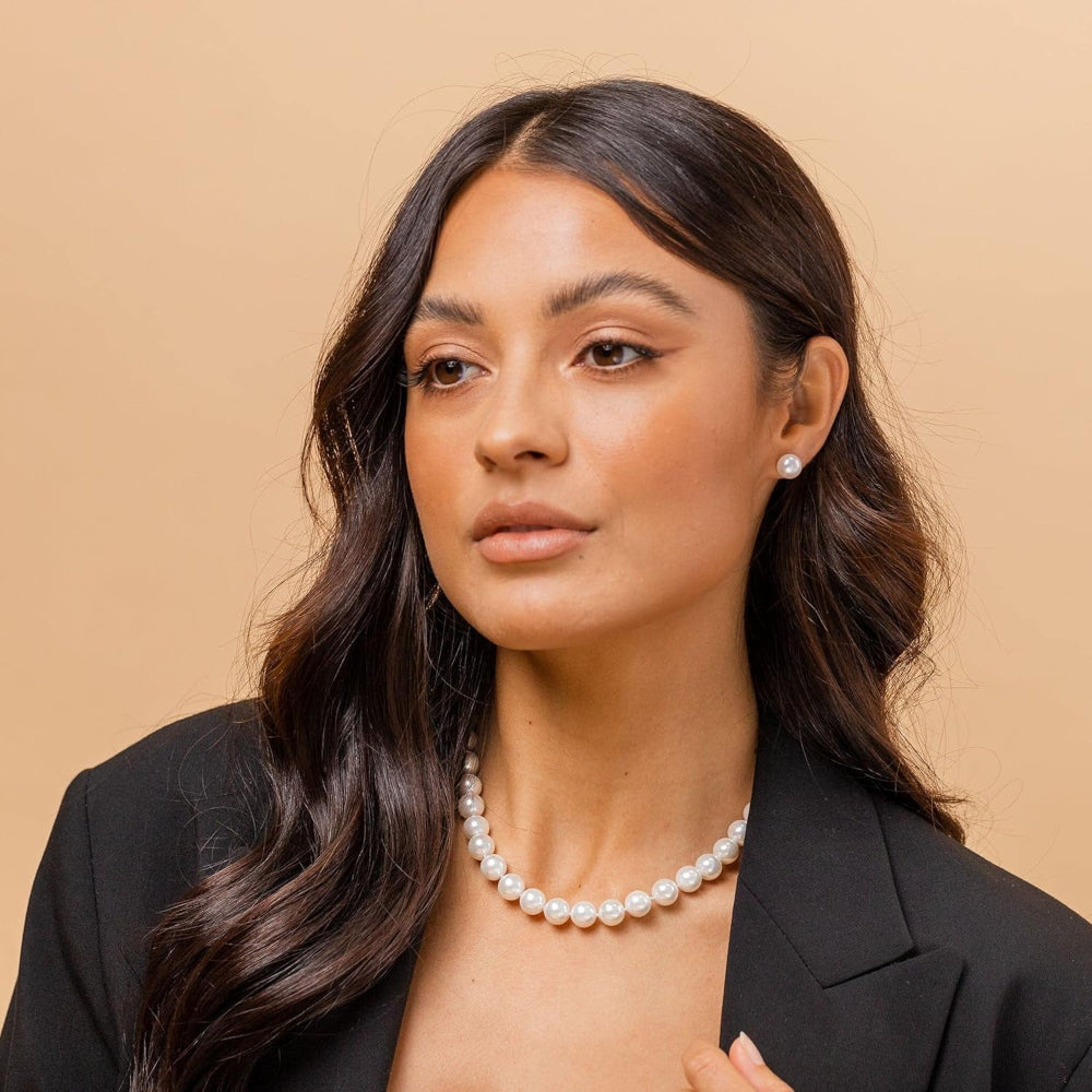 Sterling Silver round White Simulated Shell Pearl Necklace Strand | Pearl Choker Necklace | Jewelry for Women