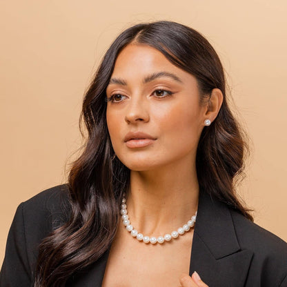 Sterling Silver round White Simulated Shell Pearl Necklace Strand | Pearl Choker Necklace | Jewelry for Women