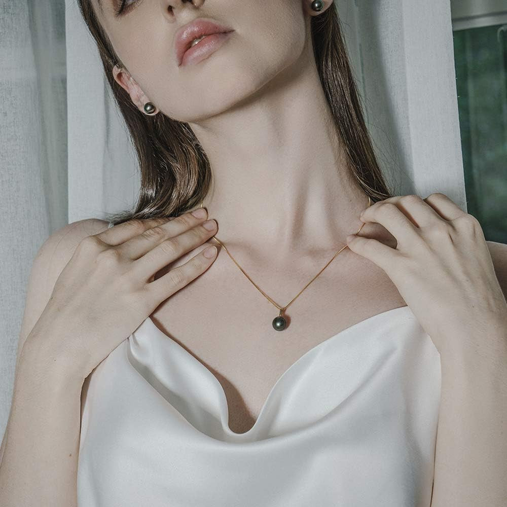 Black Pearl Necklace for Women, AAAA Quality Genuine Tahitian Cultured Pearls 18K Gold Pendant with 925 Sterling Silver Chain, Jewelry Gifts for Wife Mom Daughter