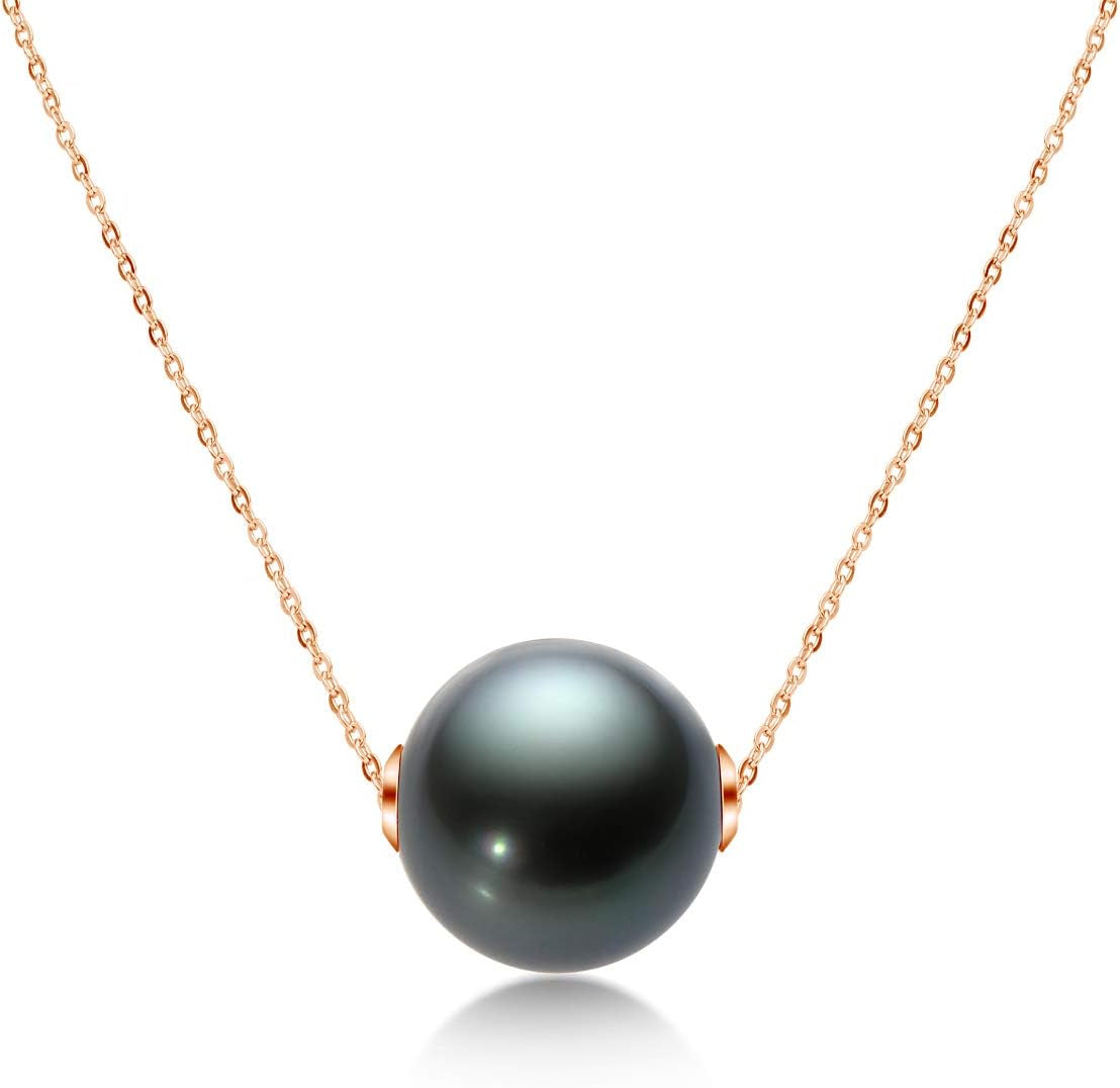 18K Gold Black Pearl Necklace for Women, 10-11Mm Tahitian Cultured Floating Pearl Pendant Chain Necklace Birthday Anniversary Christmas Jewelry Gift for Wife Mom