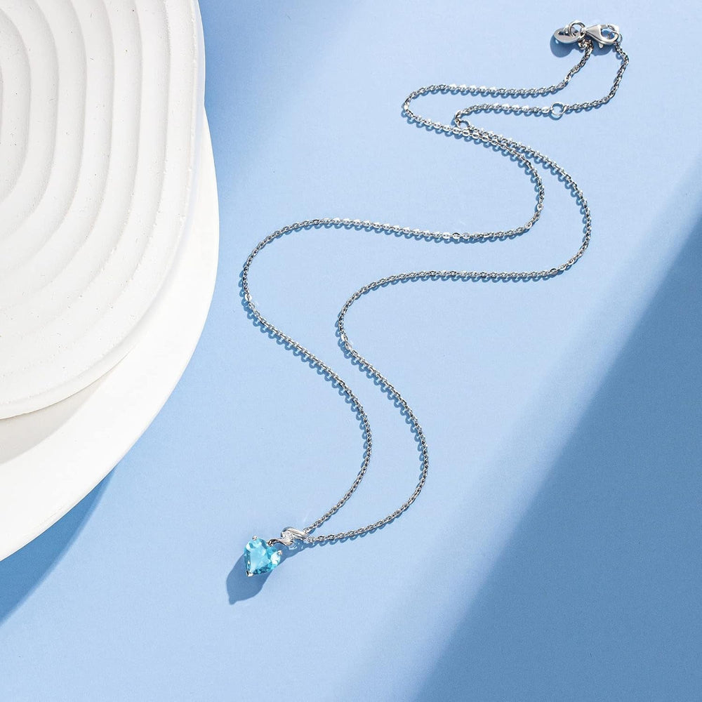 14K Solid White Gold Diamond Gemstone Pendant with Sterling Silver Chain 8Mm Heart Birthstone Necklace Fine Jewelry Anniversary Birthday Gifts for Women Mom Wife