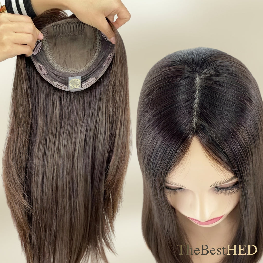 Lillian Topper Collection Jewish Topper Soft Silky European Virgin Human Hair Silk Top Kosher Sheitels Brown Hair Piece for White Women Topper Same Length