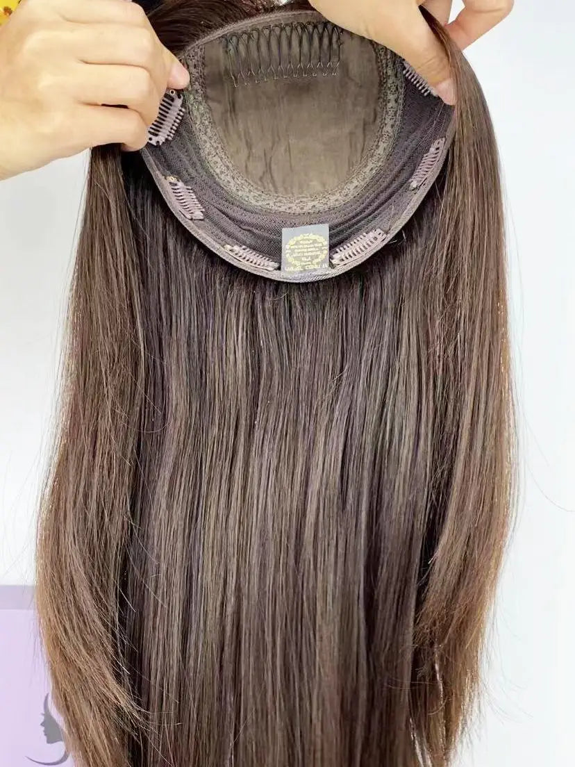 Lillian Topper Collection Jewish Topper Soft Silky European Virgin Human Hair Silk Top Kosher Sheitels Brown Hair Piece for White Women Topper Same Length