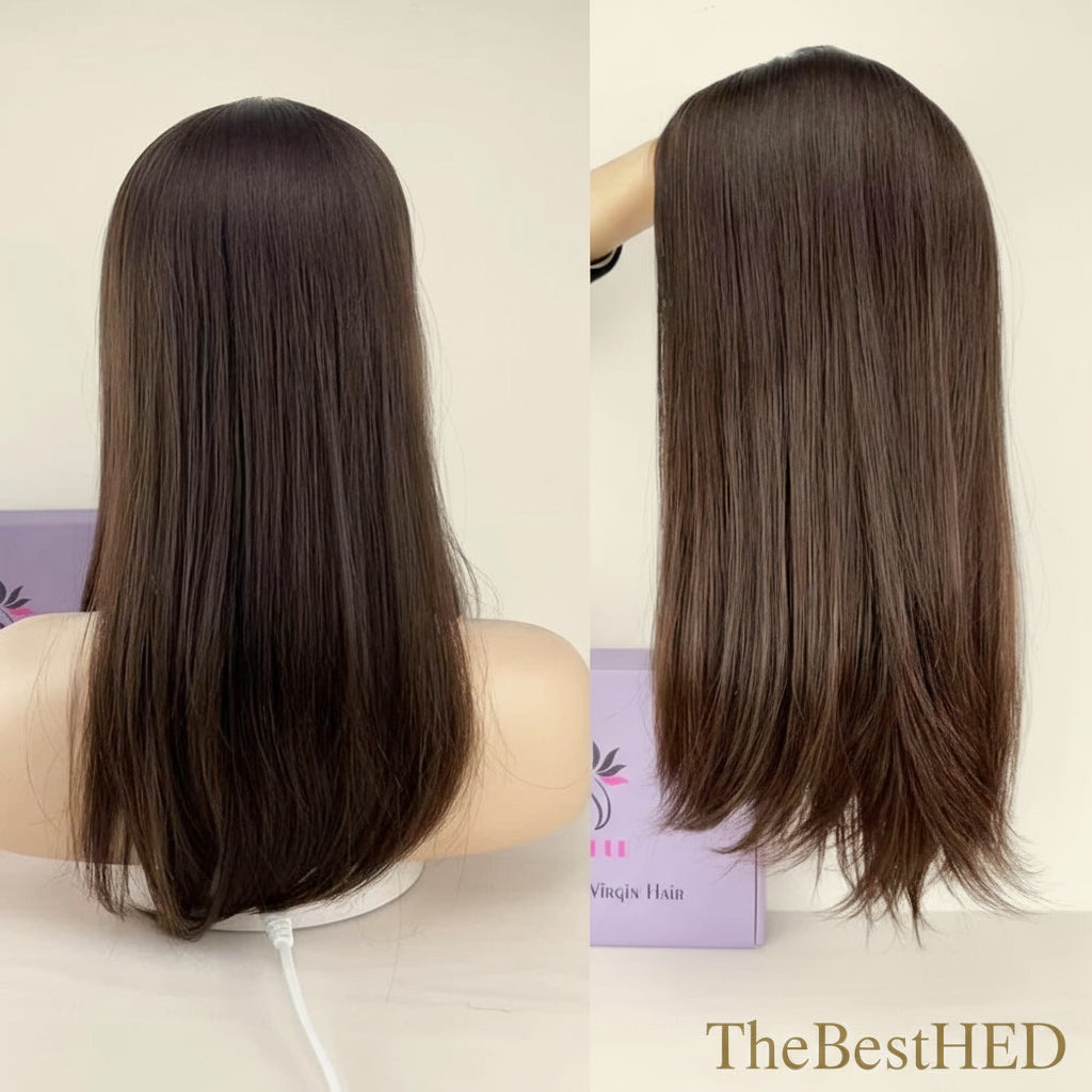 Lillian Topper Collection Jewish Topper Soft Silky European Virgin Human Hair Silk Top Kosher Sheitels Brown Hair Piece for White Women Topper Same Length