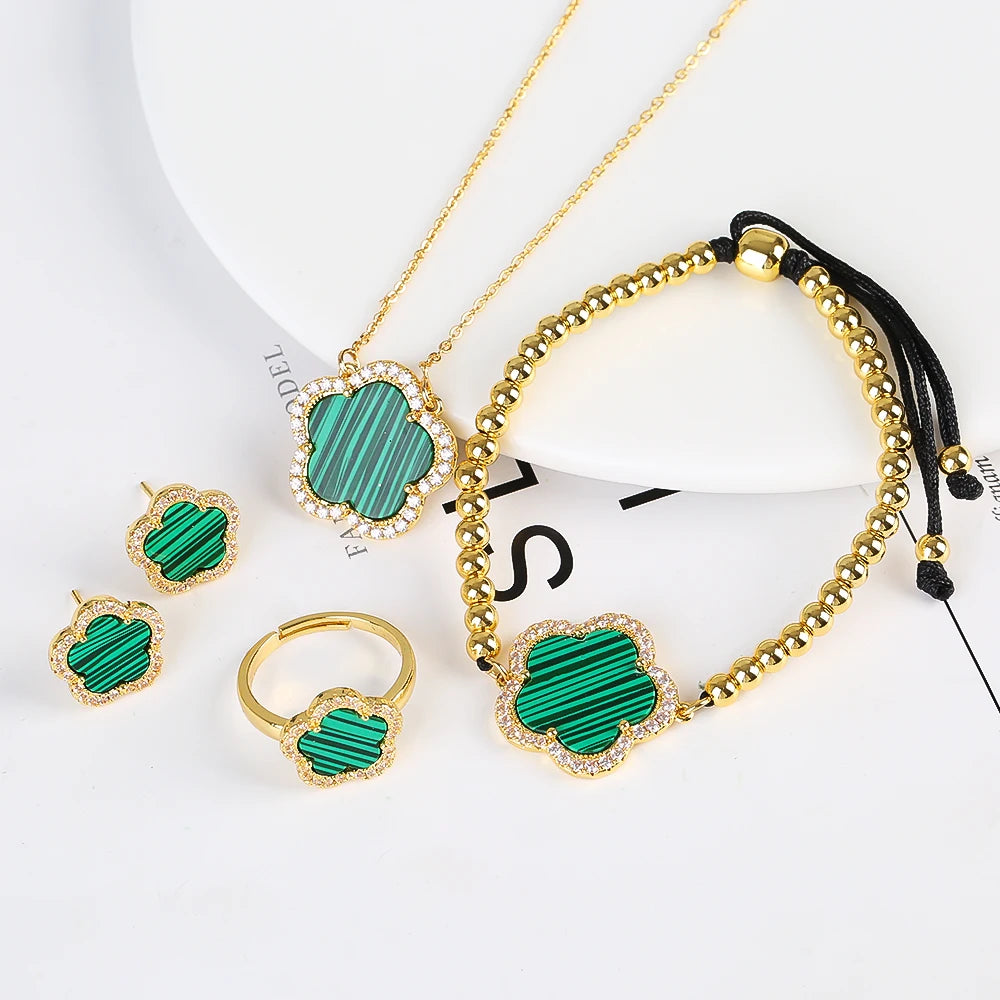 18K Gold Luxury High Quality Diamond Stainless Steel Chain Plant Flower Pendant Necklace Earrings Ring Bracelet Set