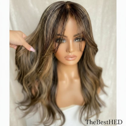 Wear Go Glueless Wigs Collection Indian 200 Density Natural Hairline Curtain Bangs 5x5 Lace Closure Human Hair Highlight Wigs for Black Women Pre Plucked 360 Wigs