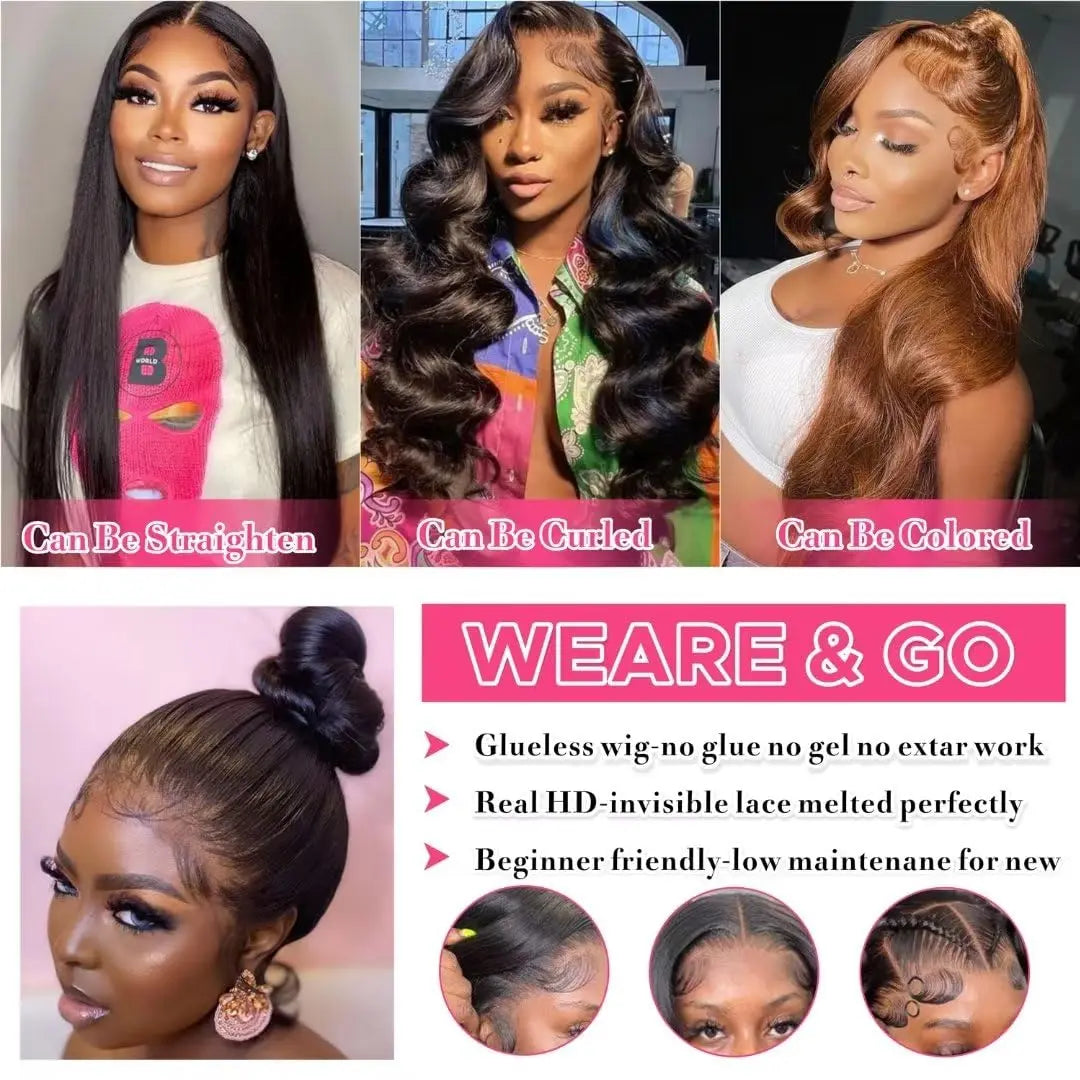 Wear Go Glueless Wigs Collection 5x5 Glueless Wigs Human Hair 250% Density Body Wave Lace Front Wigs Human Hair Pre Cut 5x5 HD Lace Closure Wigs #1B