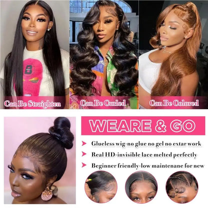 Wear Go Glueless Wigs Collection 5x5 Glueless Wigs Human Hair 250% Density Body Wave Lace Front Wigs Human Hair Pre Cut 5x5 HD Lace Closure Wigs #1B