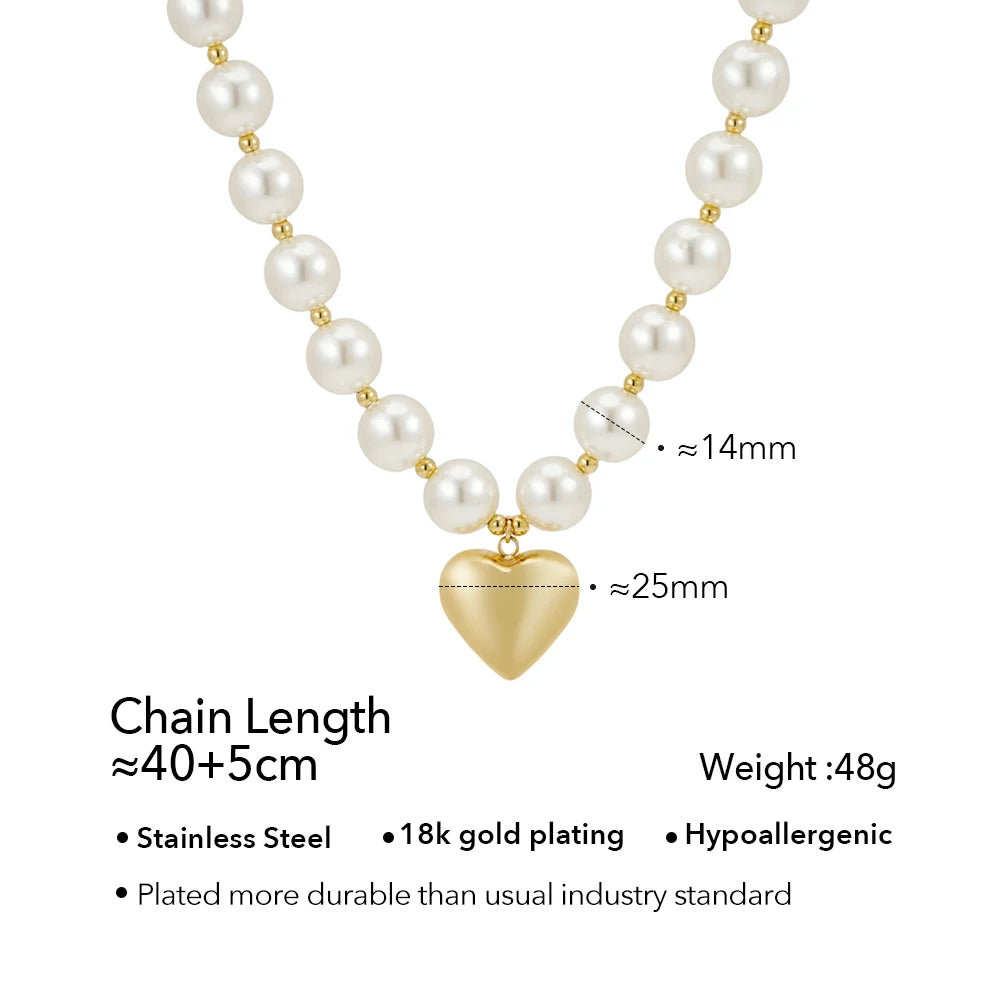 FASHION 14MM Pearls Heart Pendant Necklace For Women's Stainless Steel 18K Plated Gold Fashion Dating Jewelry P3548