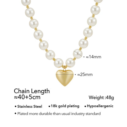 FASHION 14MM Pearls Heart Pendant Necklace For Women's Stainless Steel 18K Plated Gold Fashion Dating Jewelry P3548