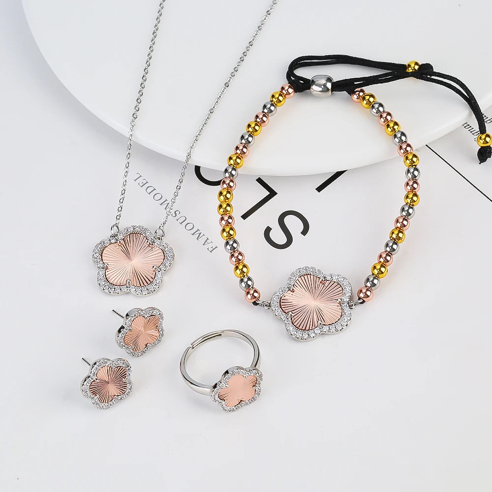 18K Gold Luxury High Quality Diamond Stainless Steel Chain Plant Flower Pendant Necklace Earrings Ring Bracelet Set