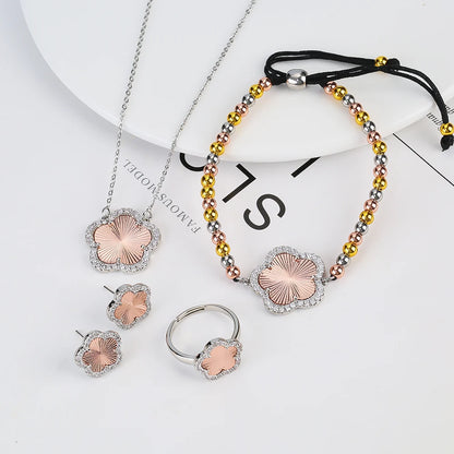 18K Gold Luxury High Quality Diamond Stainless Steel Chain Plant Flower Pendant Necklace Earrings Ring Bracelet Set