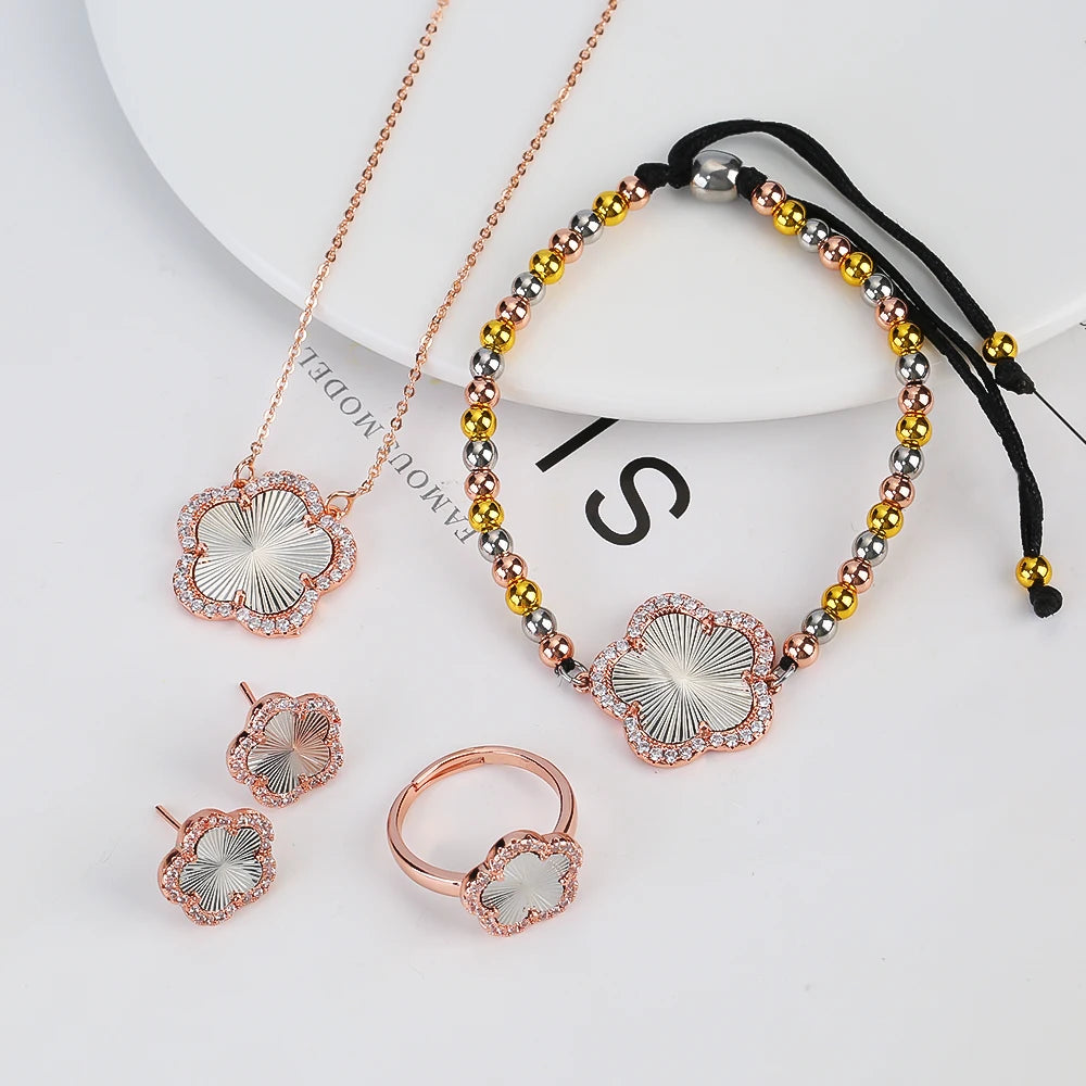 18K Gold Luxury High Quality Diamond Stainless Steel Chain Plant Flower Pendant Necklace Earrings Ring Bracelet Set