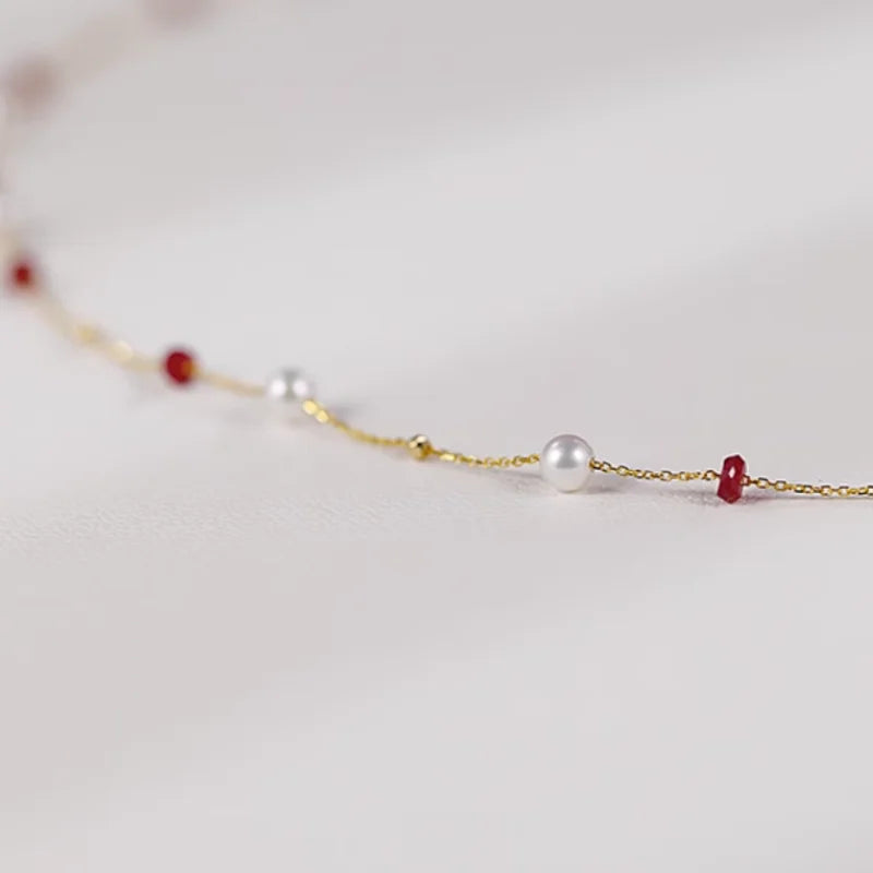 Fine Jewelry 18K Yellow Natural Ruby Freshwater Pearl Necklace Pendant