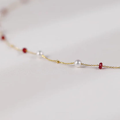 Fine Jewelry 18K Yellow Natural Ruby Freshwater Pearl Necklace Pendant