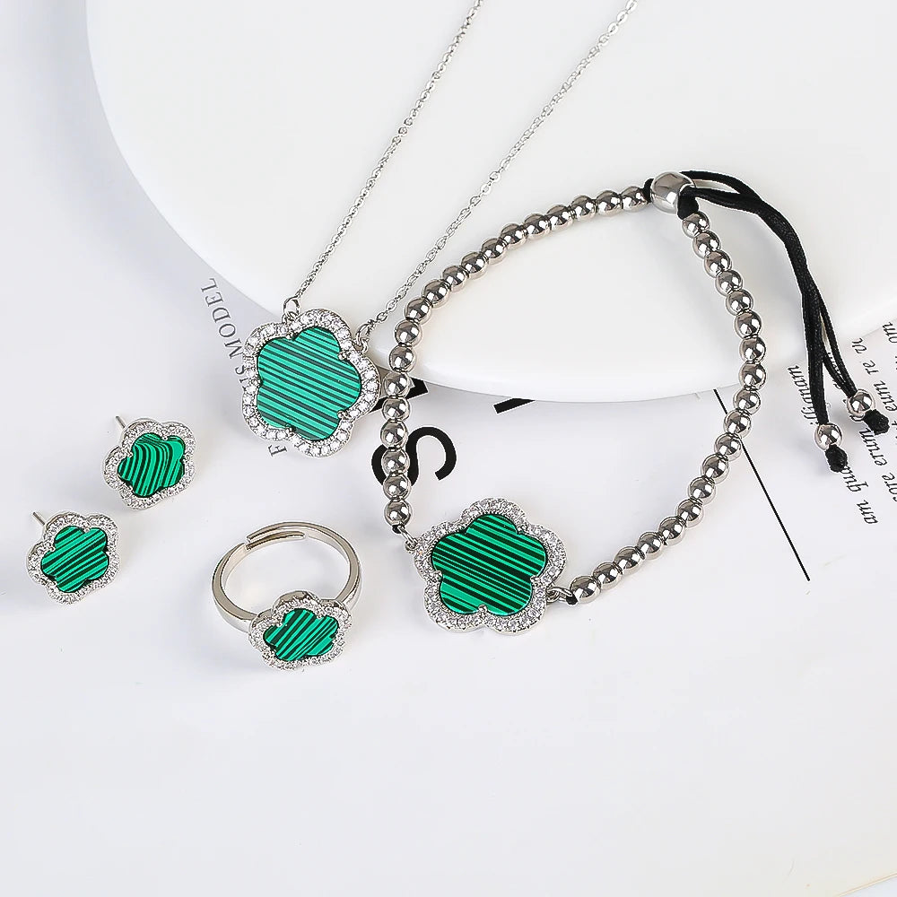 18K Gold Luxury High Quality Diamond Stainless Steel Chain Plant Flower Pendant Necklace Earrings Ring Bracelet Set