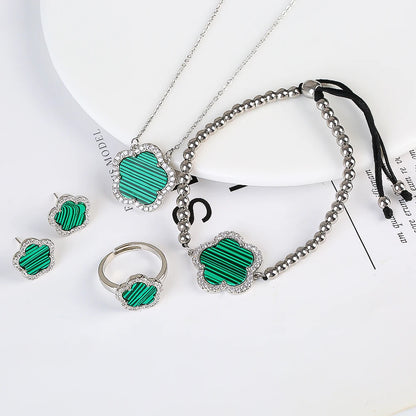 18K Gold Luxury High Quality Diamond Stainless Steel Chain Plant Flower Pendant Necklace Earrings Ring Bracelet Set