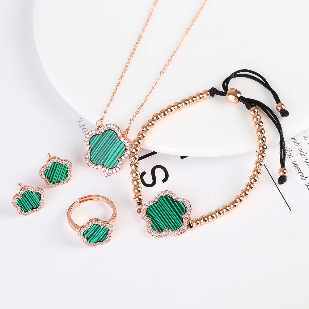 18K Gold Luxury High Quality Diamond Stainless Steel Chain Plant Flower Pendant Necklace Earrings Ring Bracelet Set