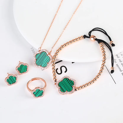 18K Gold Luxury High Quality Diamond Stainless Steel Chain Plant Flower Pendant Necklace Earrings Ring Bracelet Set