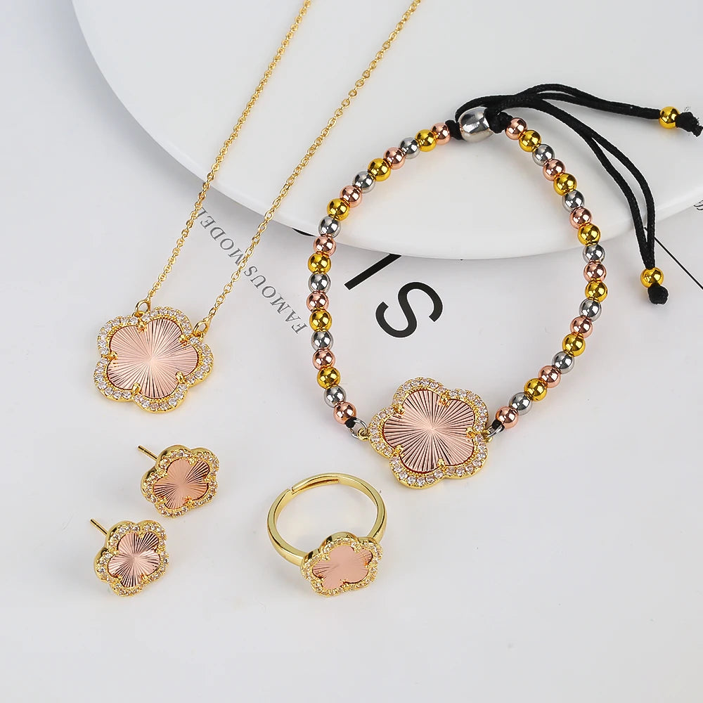 18K Gold Luxury High Quality Diamond Stainless Steel Chain Plant Flower Pendant Necklace Earrings Ring Bracelet Set