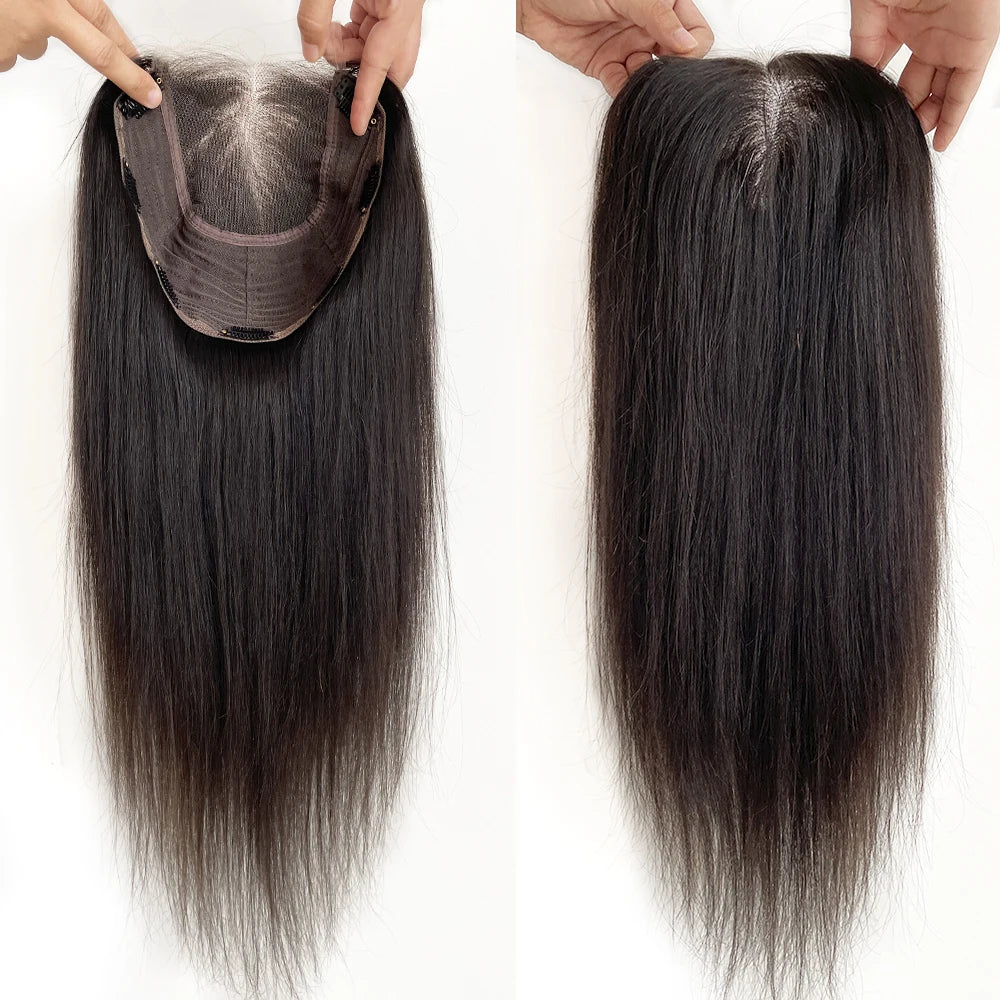 Lillian Topper Collection Virgin Human Hair 8X8 Inch Wefted Topper with 4X4 Inch HD Lace Base Topper Natural Black Brown Hair Clips In Hairpieces