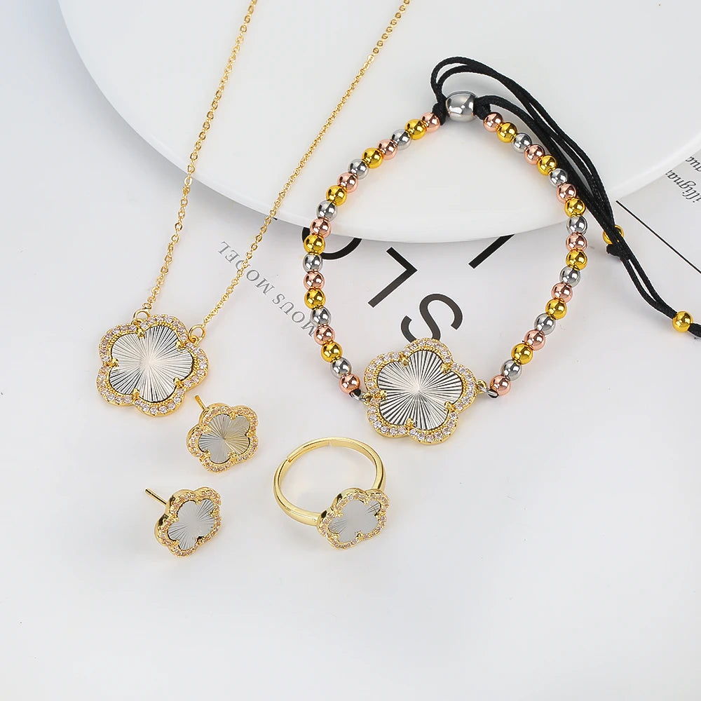 18K Gold Luxury High Quality Diamond Stainless Steel Chain Plant Flower Pendant Necklace Earrings Ring Bracelet Set