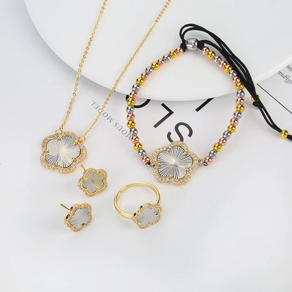 18K Gold Luxury High Quality Diamond Stainless Steel Chain Plant Flower Pendant Necklace Earrings Ring Bracelet Set