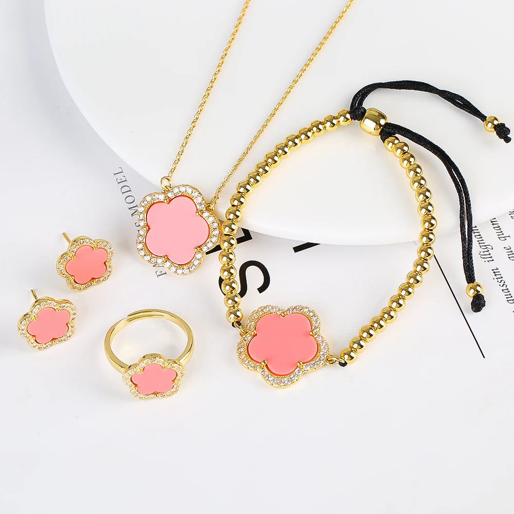 18K Gold Luxury High Quality Diamond Stainless Steel Chain Plant Flower Pendant Necklace Earrings Ring Bracelet Set