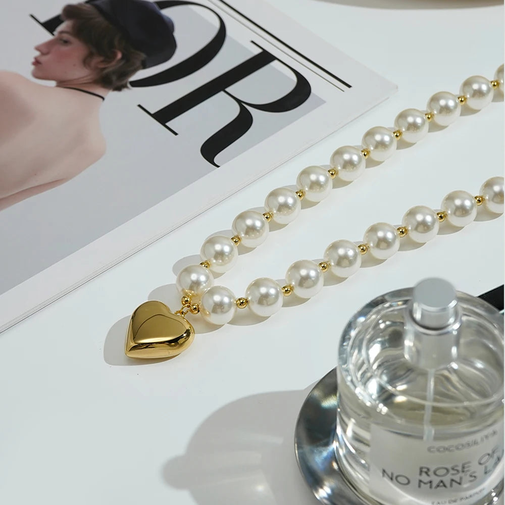 FASHION 14MM Pearls Heart Pendant Necklace For Women's Stainless Steel 18K Plated Gold Fashion Dating Jewelry P3548