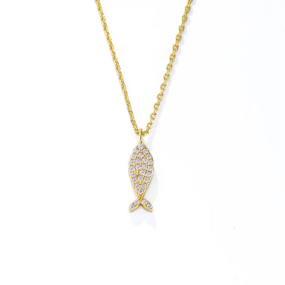 14k gold plated Cute animal Zircon Fish Pendant Necklace jewelry 925 Sterling Silver necklace for Kids Girls