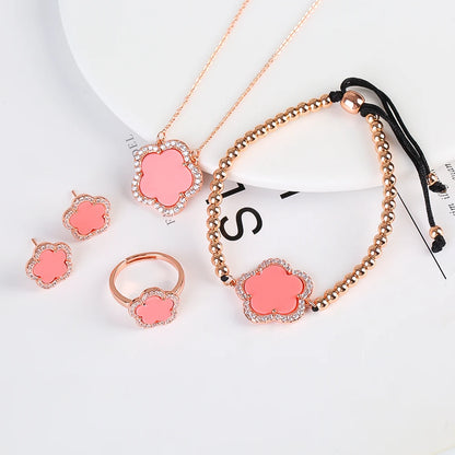 18K Gold Luxury High Quality Diamond Stainless Steel Chain Plant Flower Pendant Necklace Earrings Ring Bracelet Set