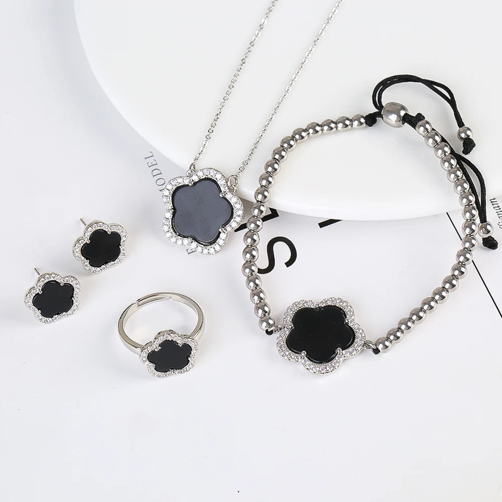 18K Gold Luxury High Quality Diamond Stainless Steel Chain Plant Flower Pendant Necklace Earrings Ring Bracelet Set