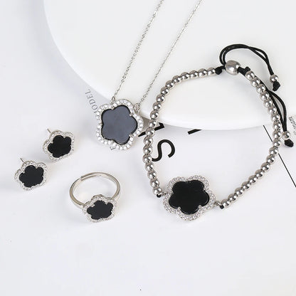 18K Gold Luxury High Quality Diamond Stainless Steel Chain Plant Flower Pendant Necklace Earrings Ring Bracelet Set