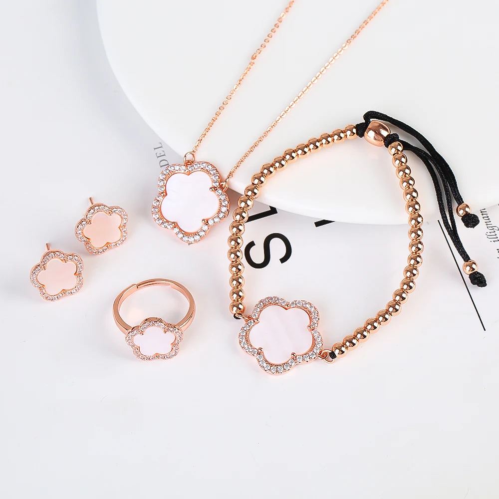 18K Gold Luxury High Quality Diamond Stainless Steel Chain Plant Flower Pendant Necklace Earrings Ring Bracelet Set