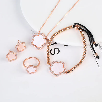 18K Gold Luxury High Quality Diamond Stainless Steel Chain Plant Flower Pendant Necklace Earrings Ring Bracelet Set