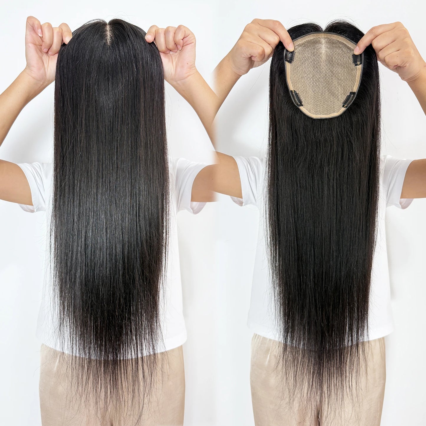 Lillian Toppers Collection Full Hand Tied Human Hair Topper for Women 16x18cm Silk Base Toupee with Clips in 24" Real Remy Hair Soft Breathable