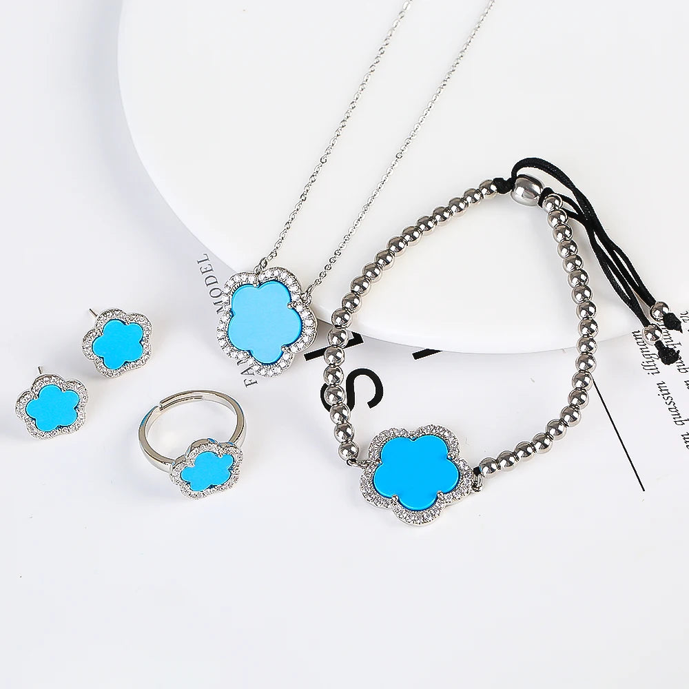 18K Gold Luxury High Quality Diamond Stainless Steel Chain Plant Flower Pendant Necklace Earrings Ring Bracelet Set